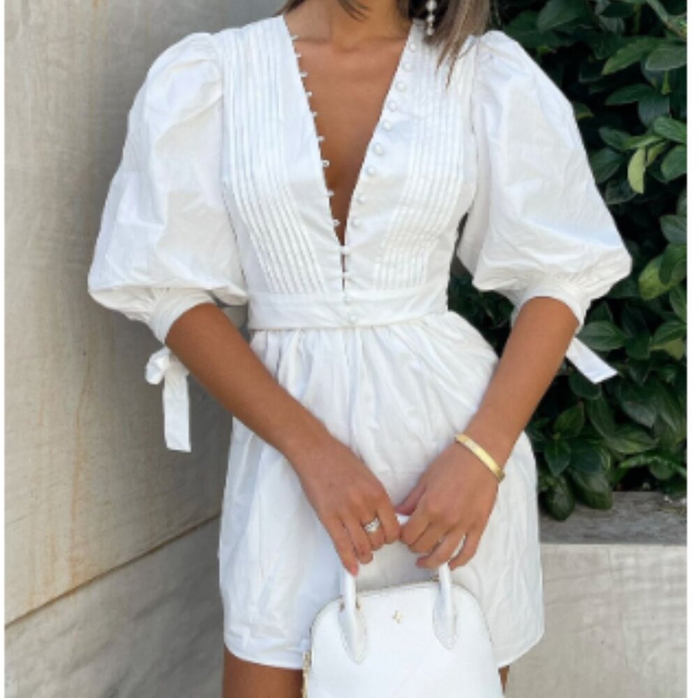 Zandra Mini Dress - Puff Sleeve Poplin Dress in White
